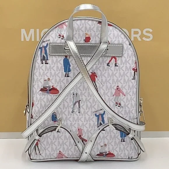 Michael Kors Jet Set Girls Adina Medium Backpack Bright White Silver Multi - Picture 8 of 16